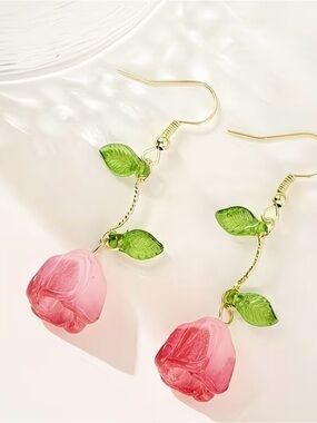 🌹Gold-Tone Pink Rose Drop Earrings with Green Leaves